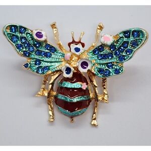 Bee with Flowers Brooch Blue Enamel & Rhinestone Glitter Fantasy Style Insect